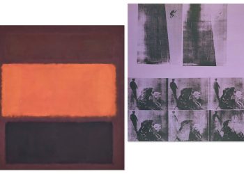 Left, Andy Warhol, Suicide (Purple Jumping Man), 1965; Right, Mark Rothko, Sienna, Orange and Black on Dark Brown, 1962